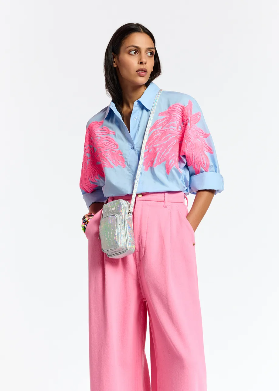 Blue and neon pink cotton embroidered shirt