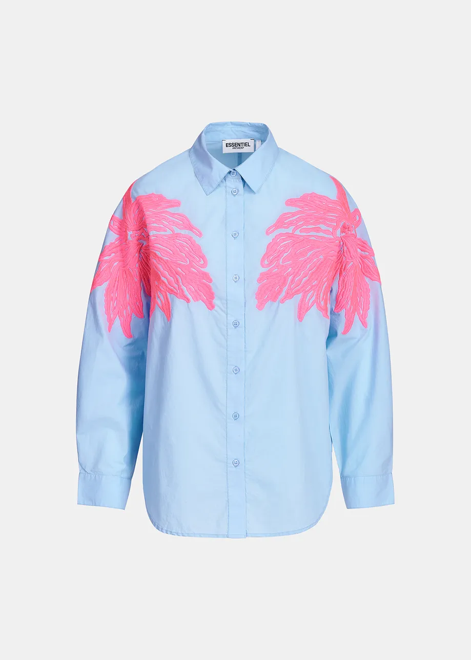 Blue and neon pink cotton embroidered shirt