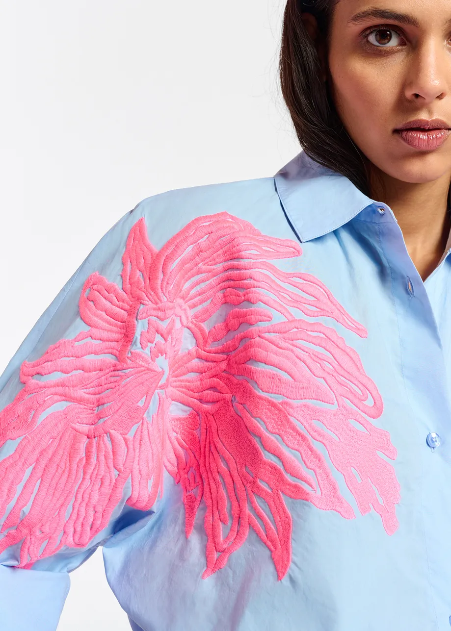 Blue and neon pink cotton embroidered shirt