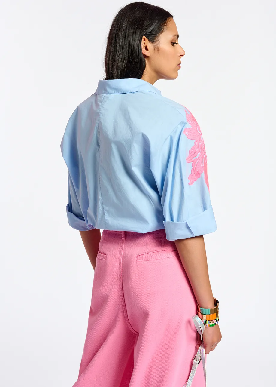 Blue and neon pink cotton embroidered shirt