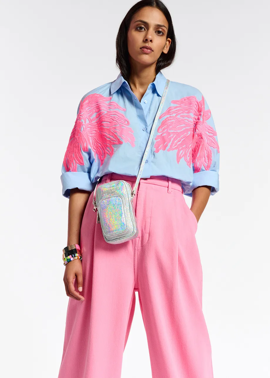 Blue and neon pink cotton embroidered shirt