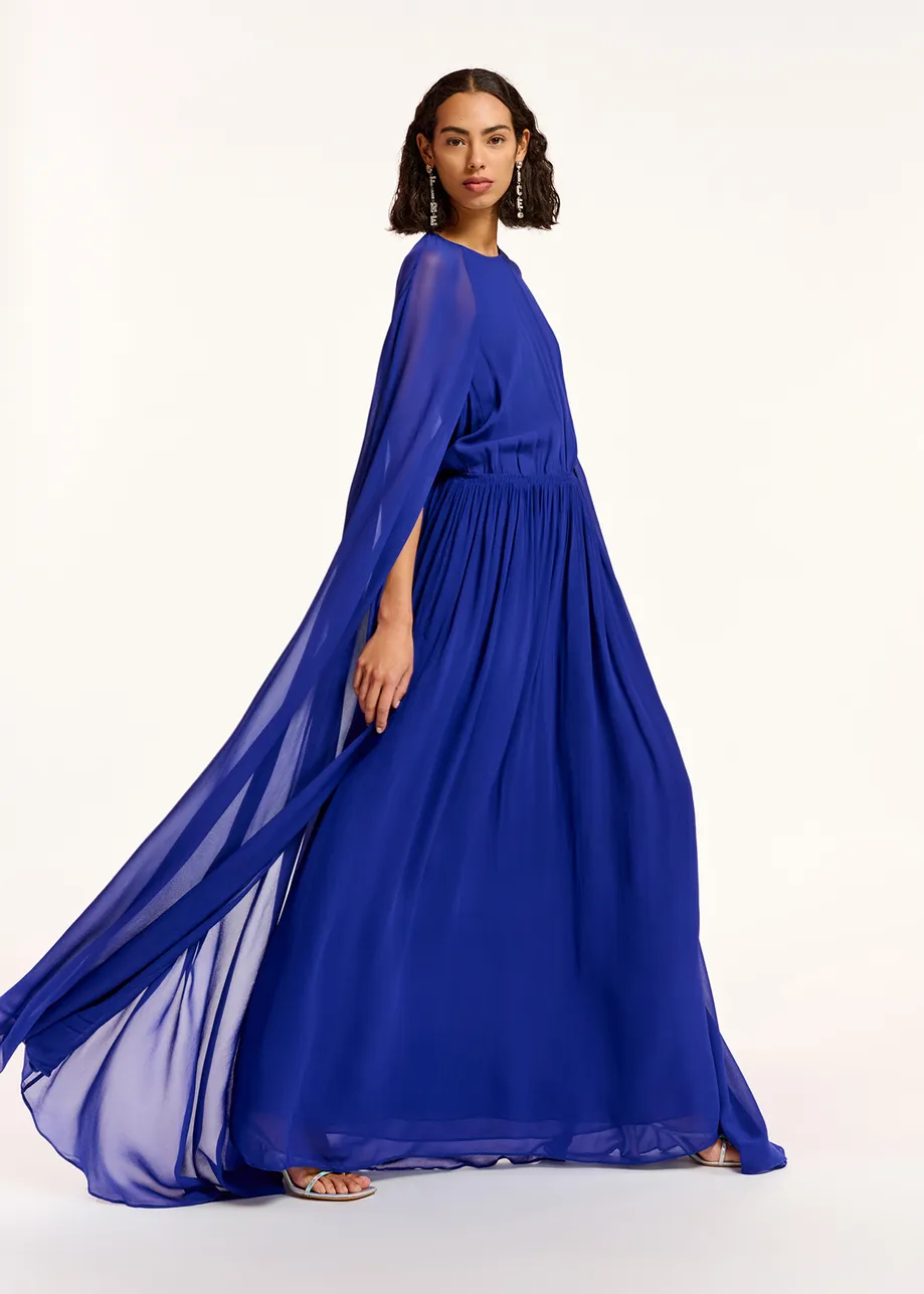 Dark blue maxi dress with cape-like sleeves