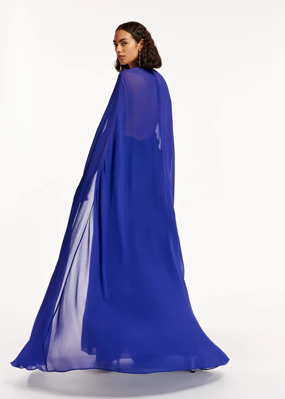 Dark blue maxi dress with cape-like sleeves