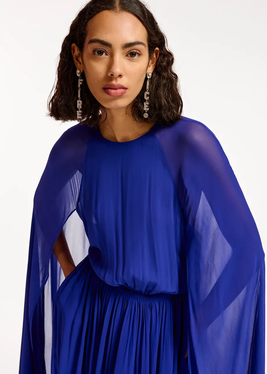 Dark blue maxi dress with cape-like sleeves