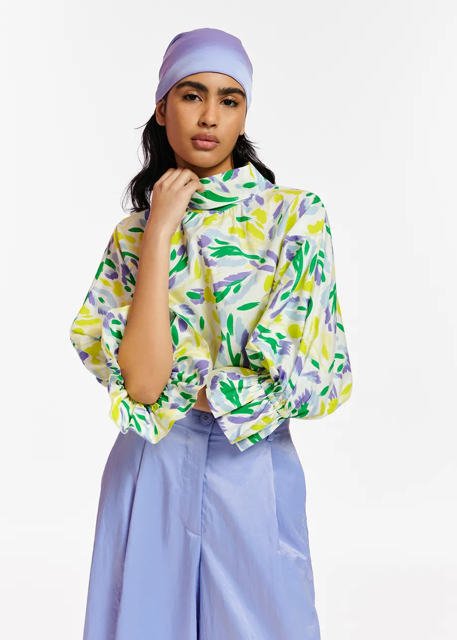 White, yellow and purple floral print top with stand-up collar