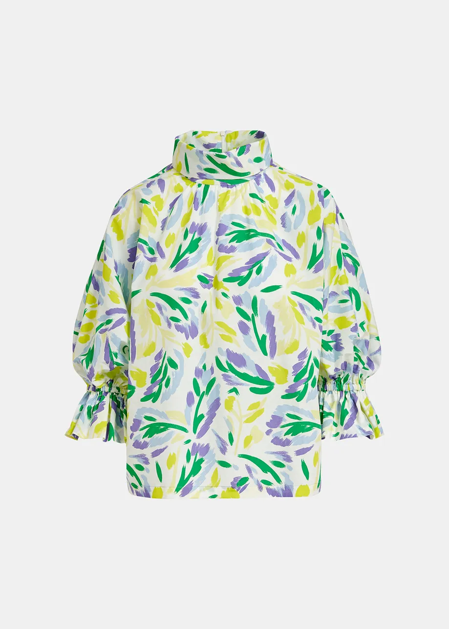 White, yellow and purple floral print top with stand-up collar