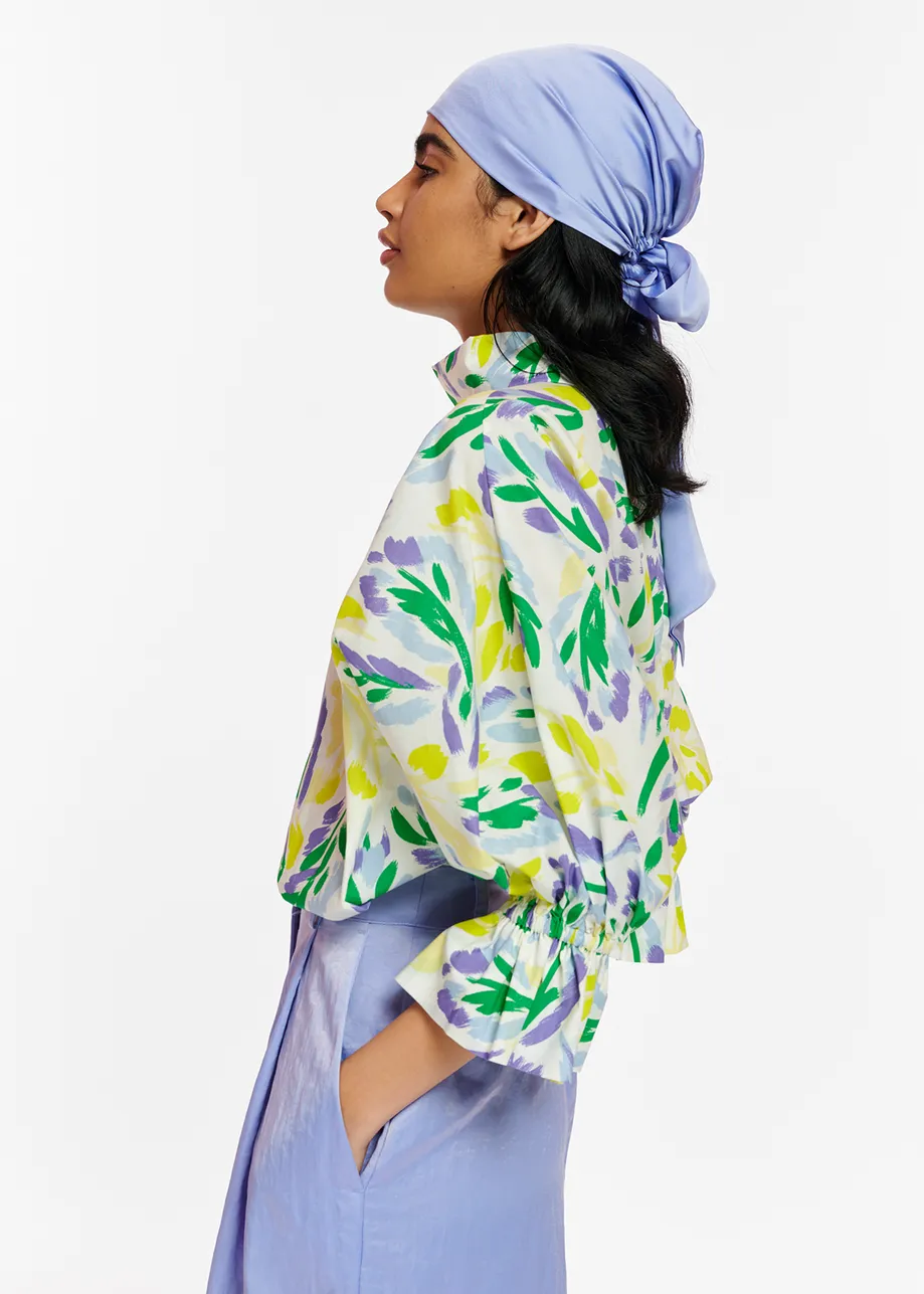 White, yellow and purple floral print top with stand-up collar