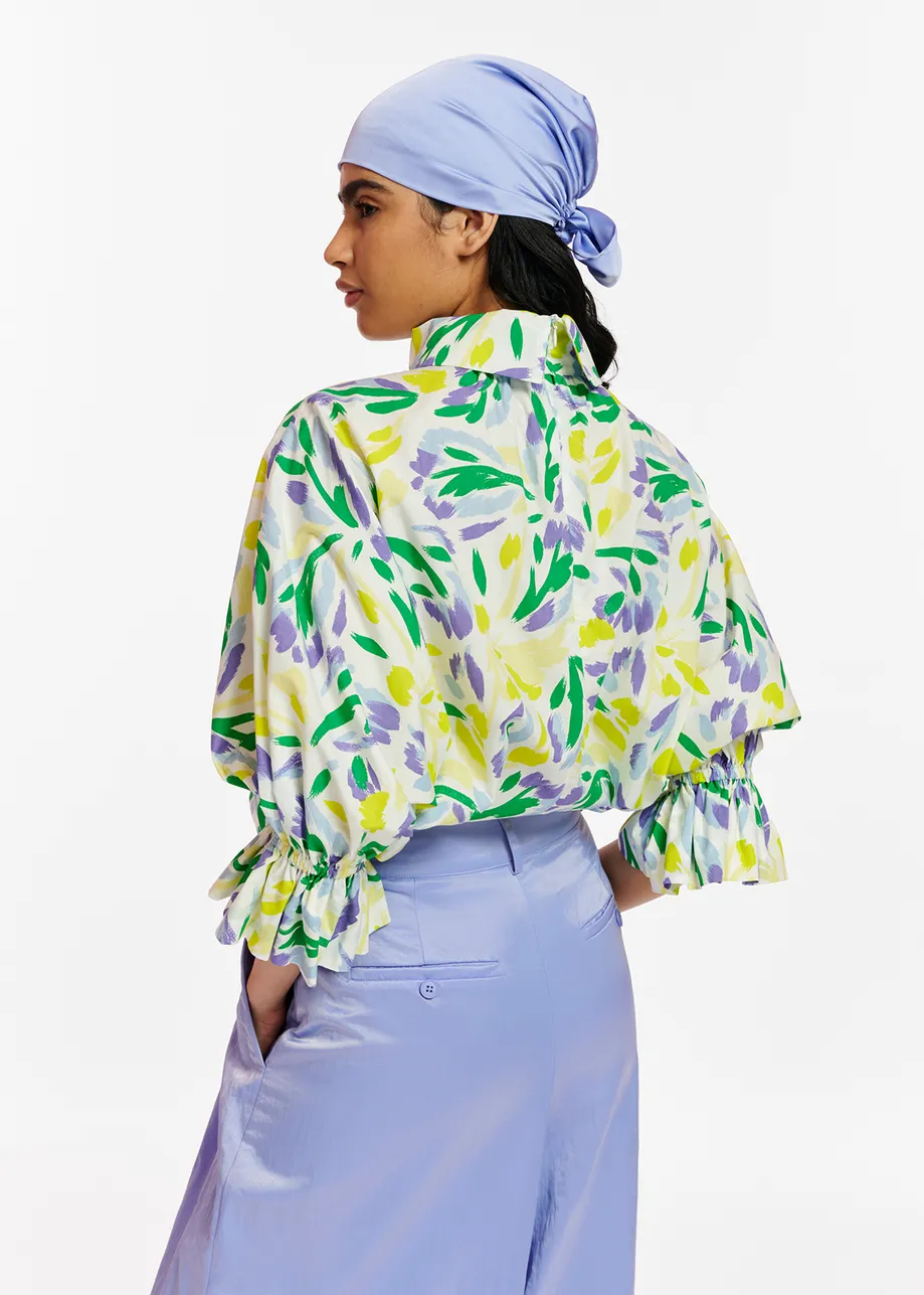 White, yellow and purple floral print top with stand-up collar