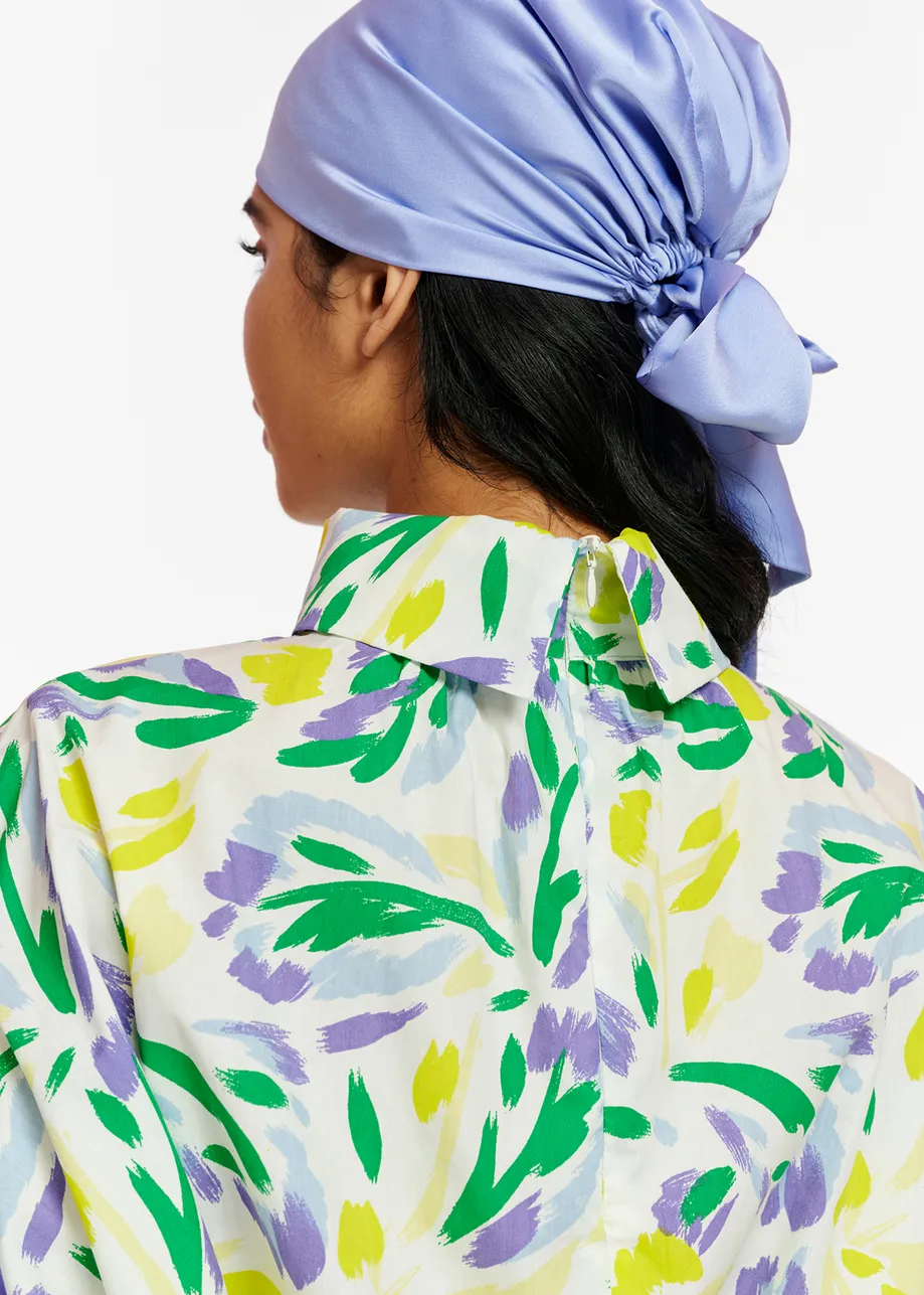 White, yellow and purple floral print top with stand-up collar