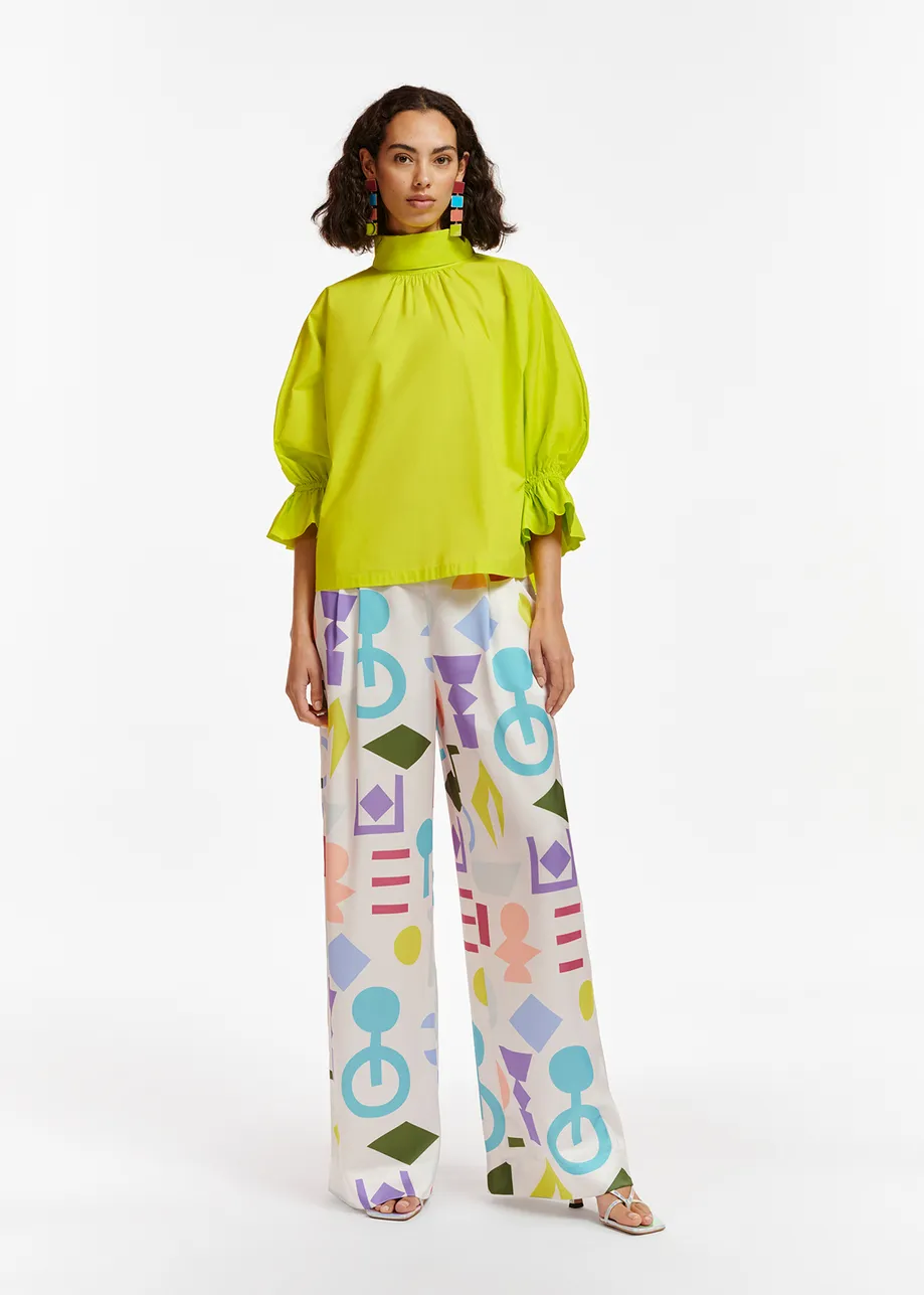 Lime green cotton-poplin top with stand-up collar