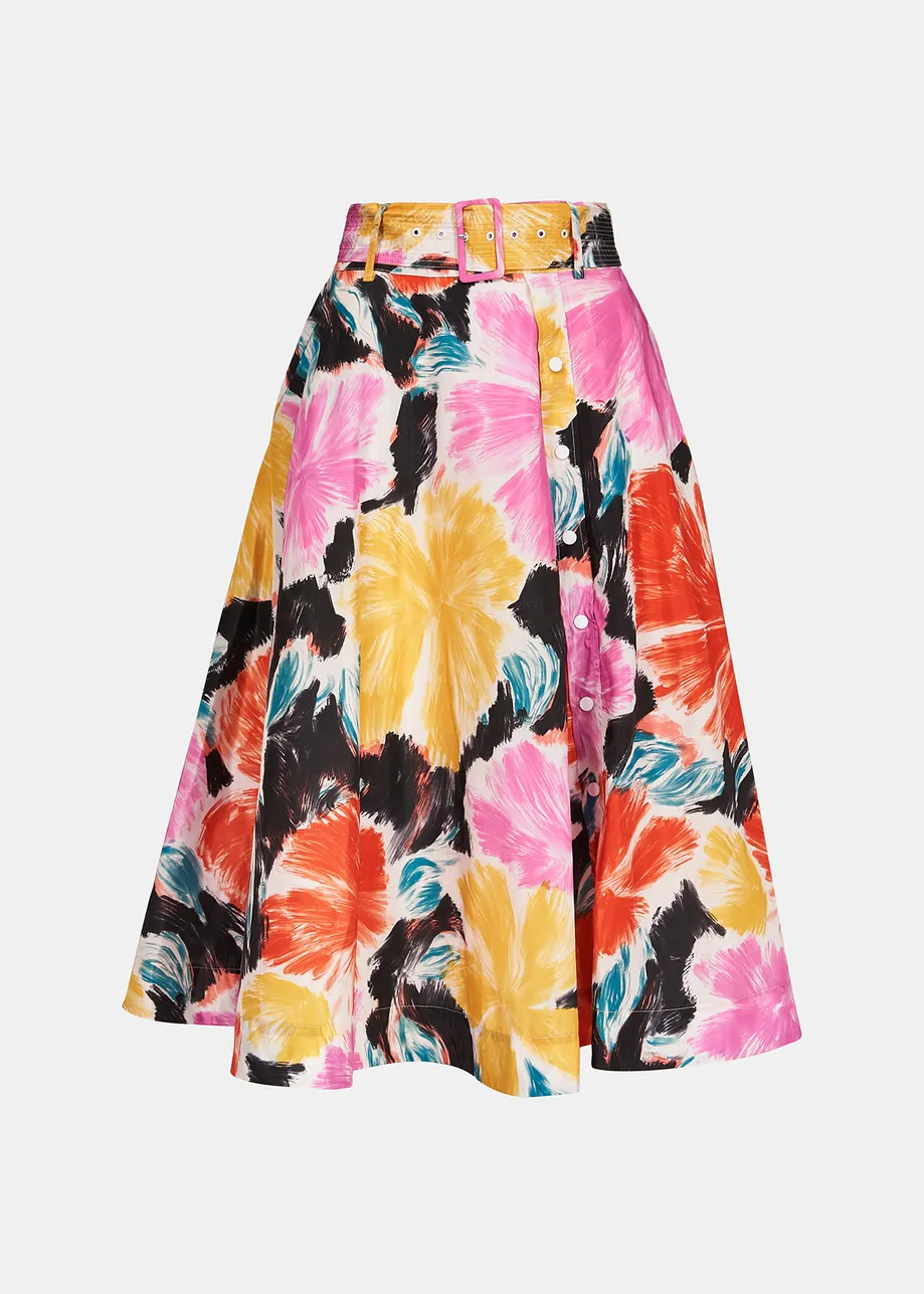 Black, orange and yellow floral print midi-length skirt