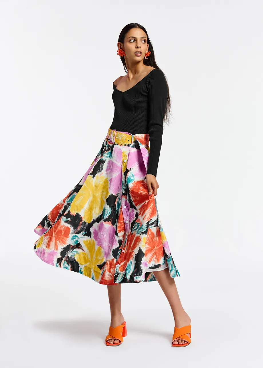 Black, orange and yellow floral print midi-length skirt