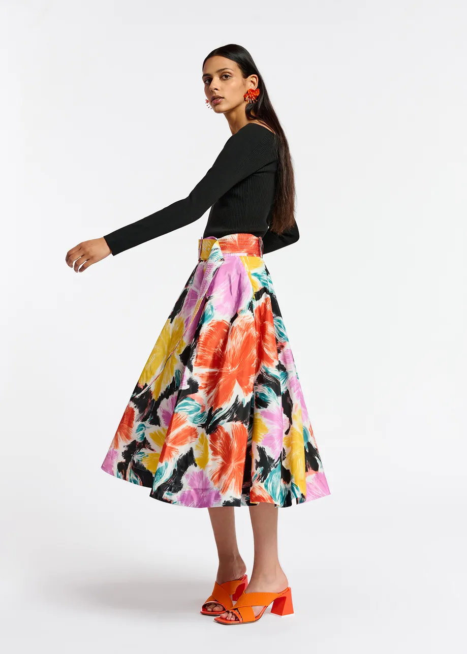 Black, orange and yellow floral print midi-length skirt