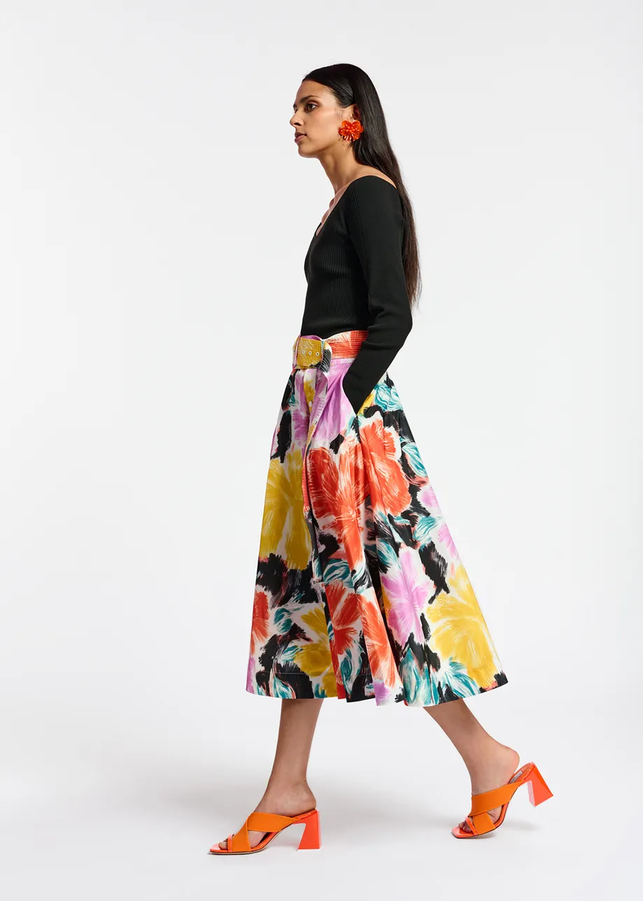 Black, orange and yellow floral print midi-length skirt