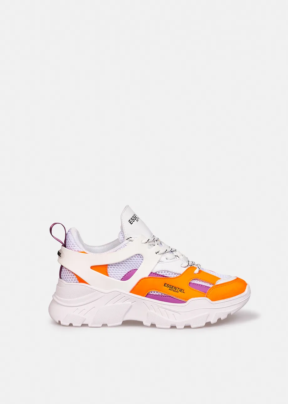 Witte, oranje en paarse sneakers met chunky zool