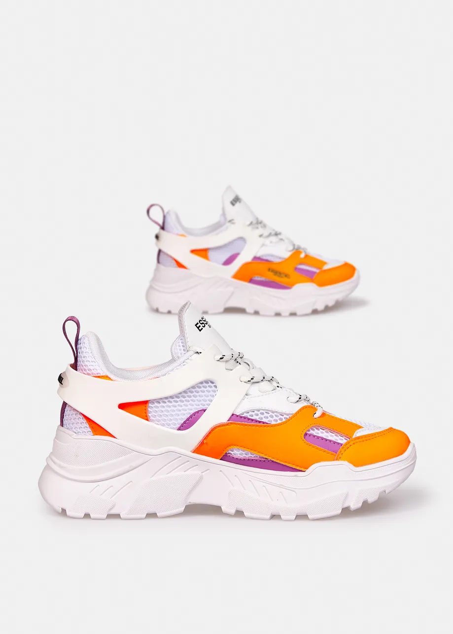 White, orange and purple sneakers set on chunky soles