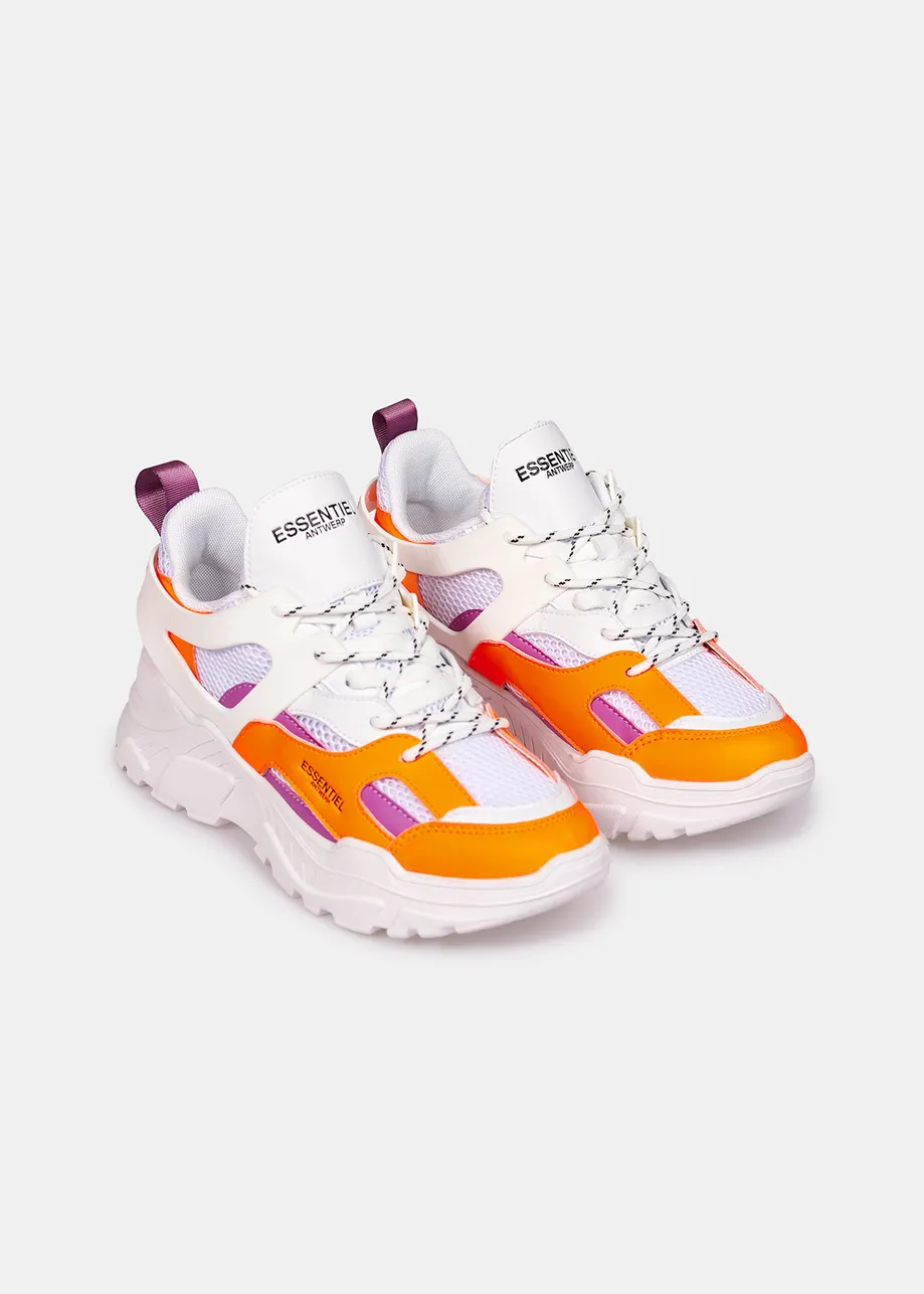 White, orange and purple sneakers set on chunky soles