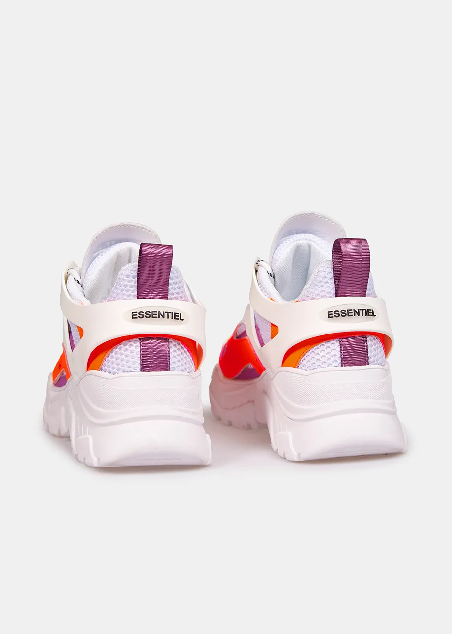 White, orange and purple sneakers set on chunky soles