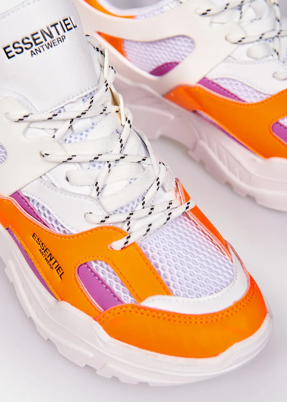 White, orange and purple sneakers set on chunky soles