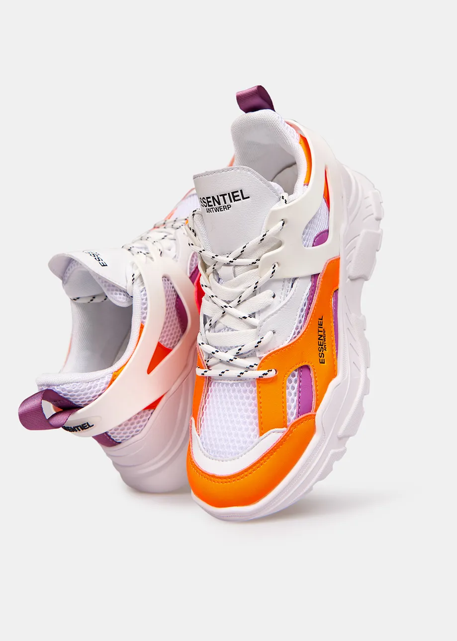 White, orange and purple sneakers set on chunky soles