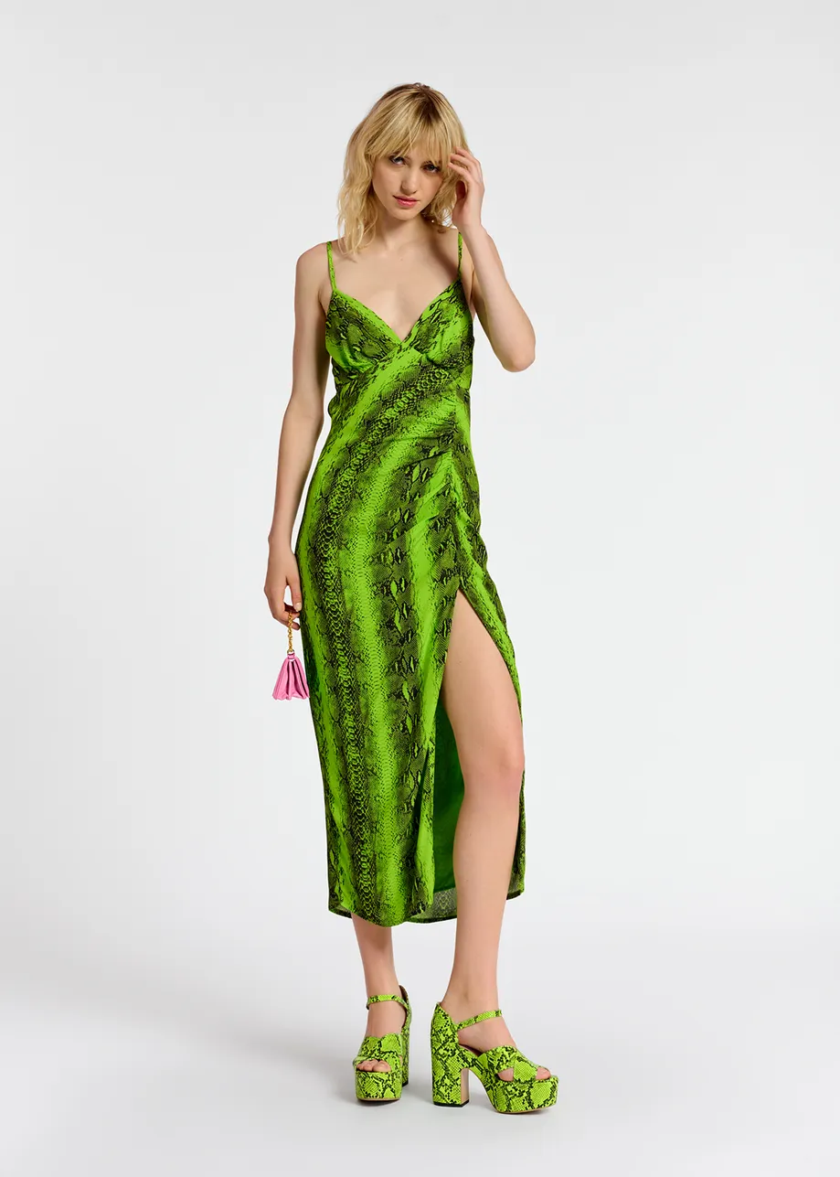 Lime green midi-length slip dress with snake print