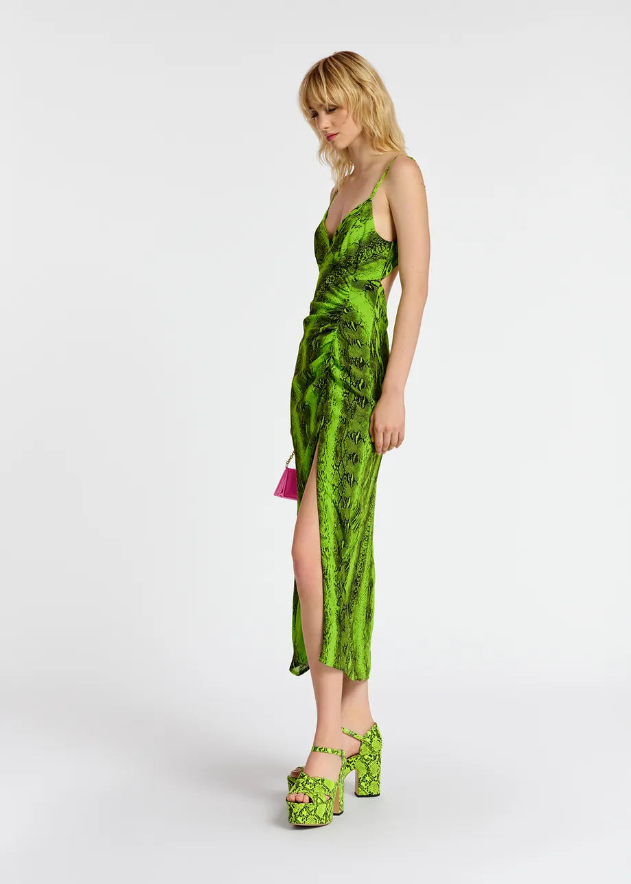 Lime green midi-length slip dress with snake print