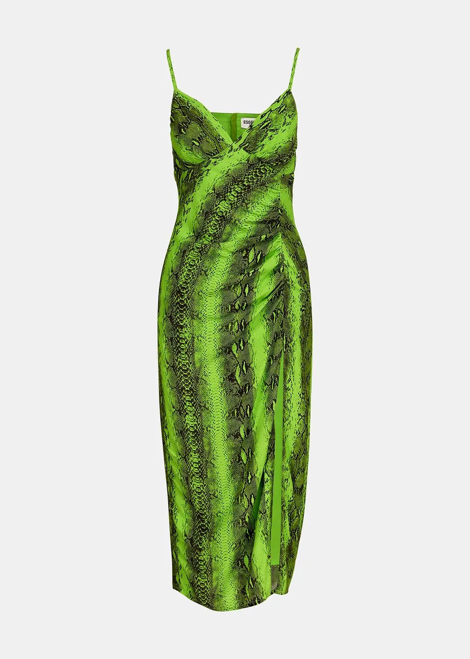 Lime green midi-length slip dress with snake print