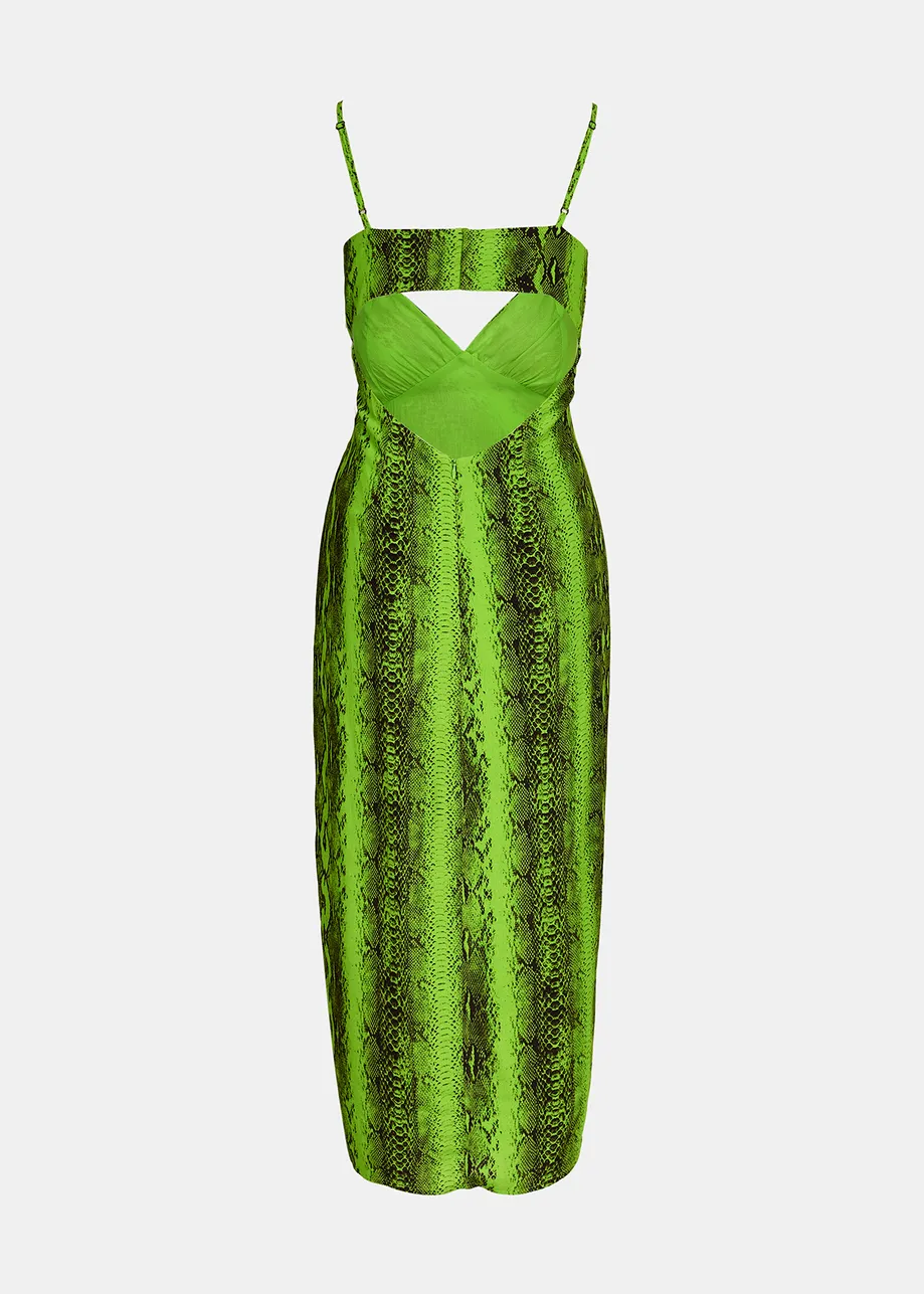 Lime green midi-length slip dress with snake print