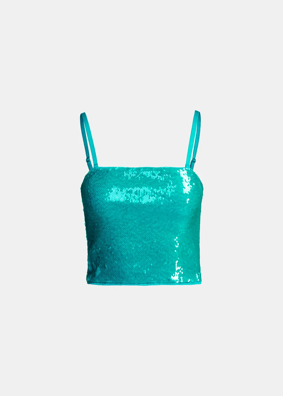 Turquoise sequin-embellished top