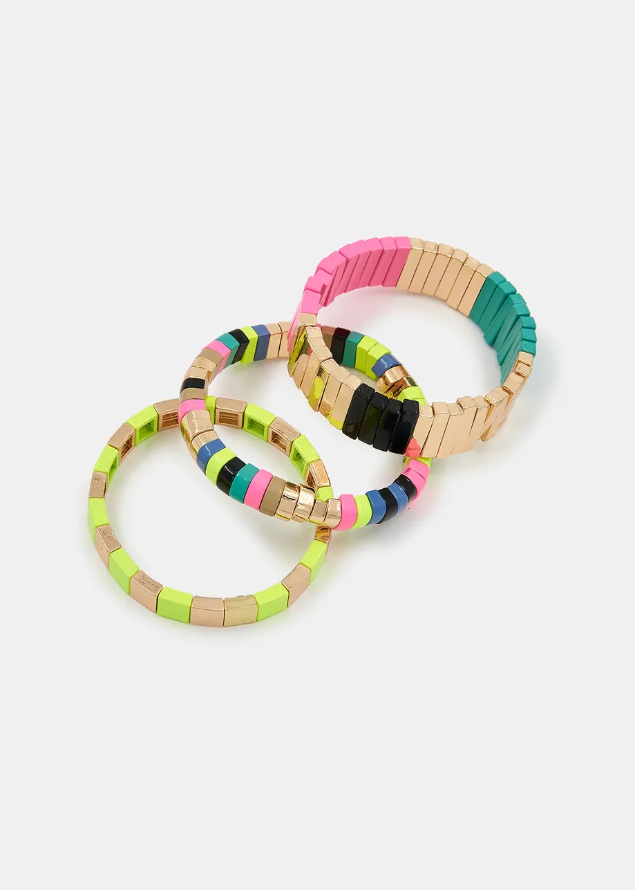 Set van drie gouden, roze en fluogele armbanden