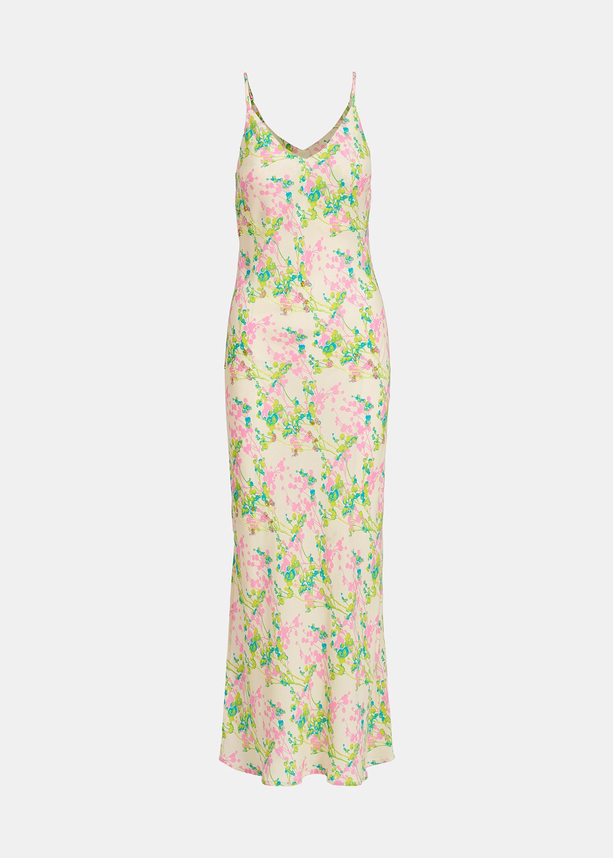 Ecru, pink and lime green floral print maxi-length slip dress