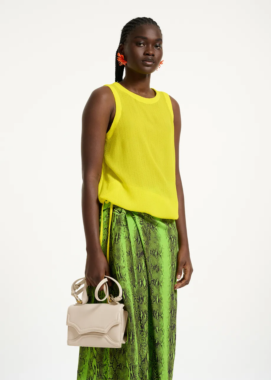 Yellow sleeveless top with drawstring fastening