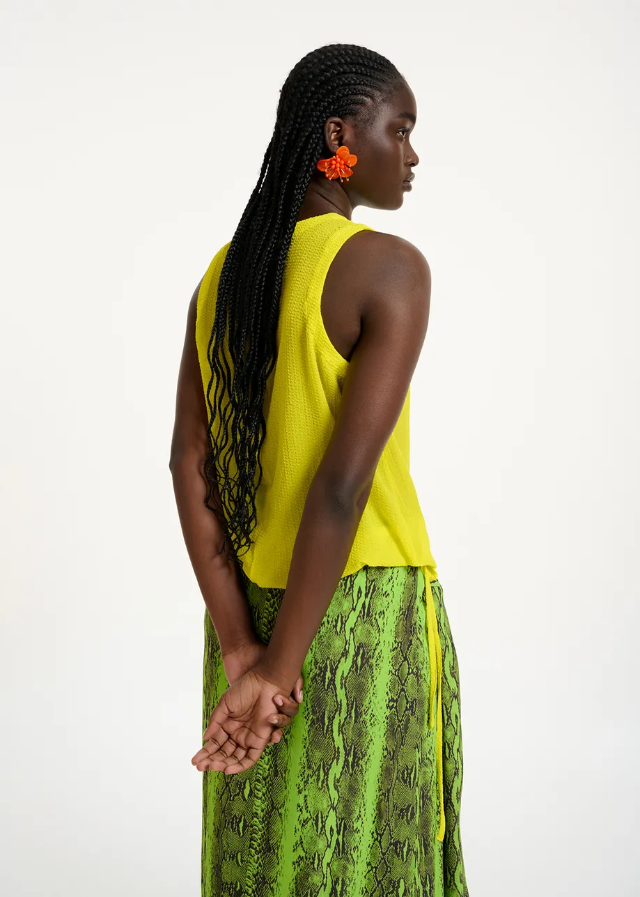 Yellow sleeveless top with drawstring fastening
