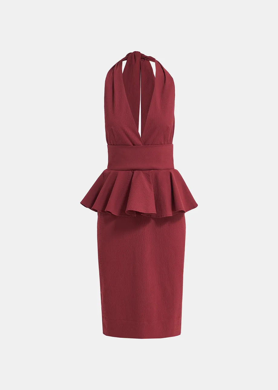 Burgundy halterneck dress with peplum