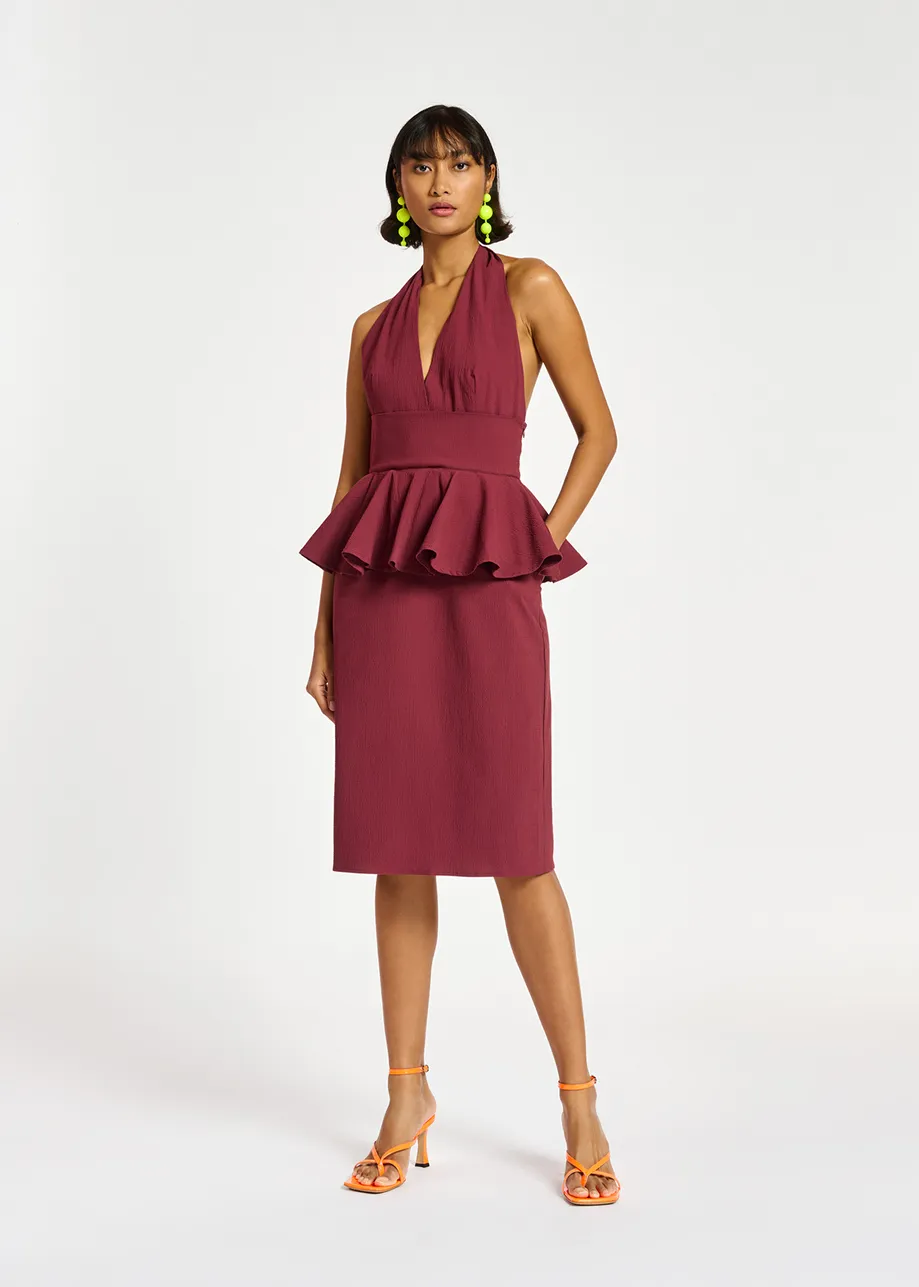 Burgundy halterneck dress with peplum