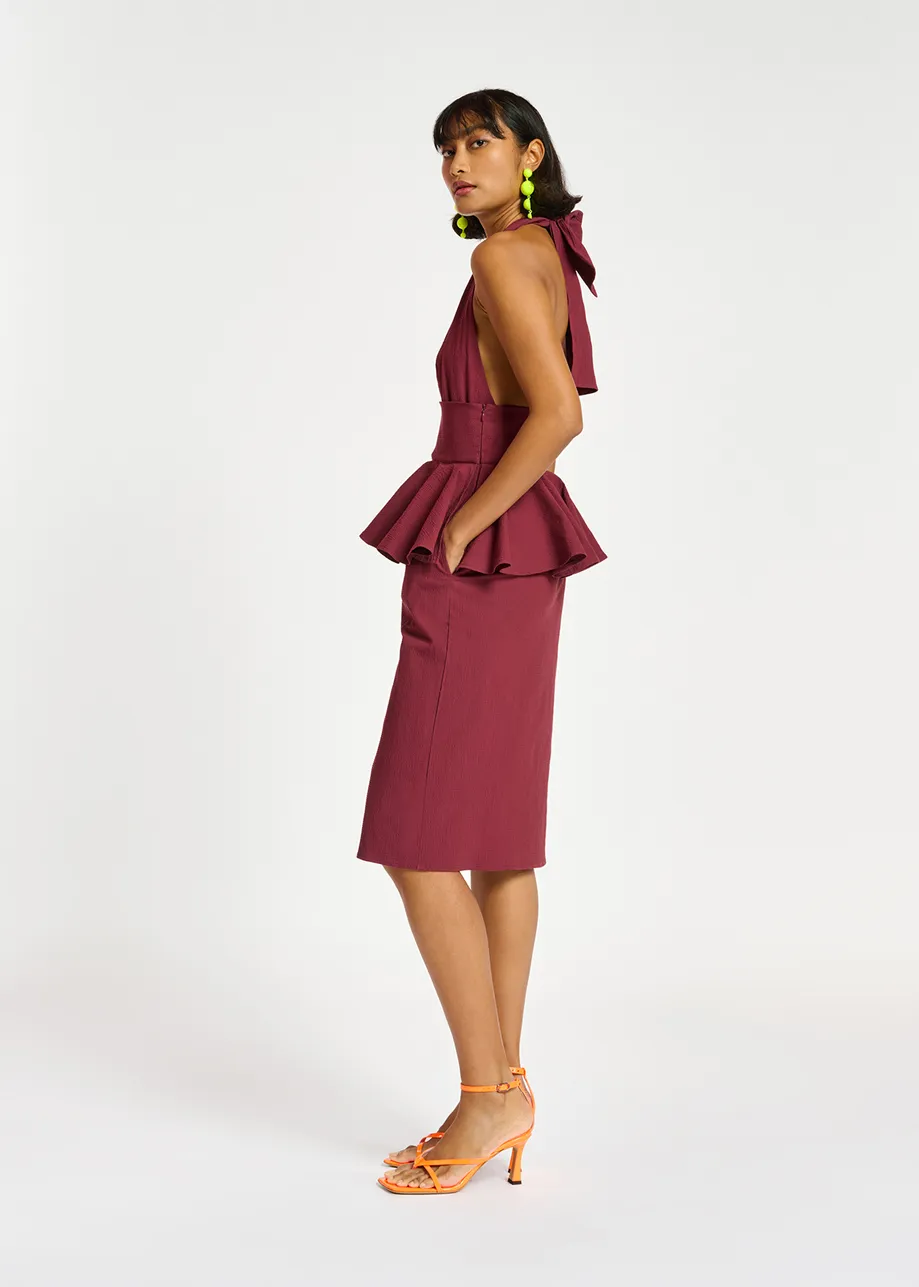 Burgundy halterneck dress with peplum