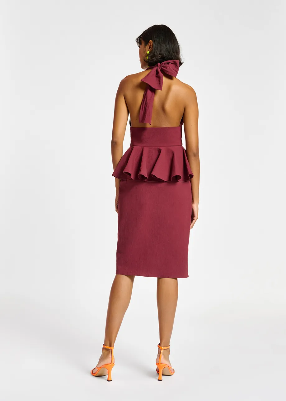 Burgundy halterneck dress with peplum