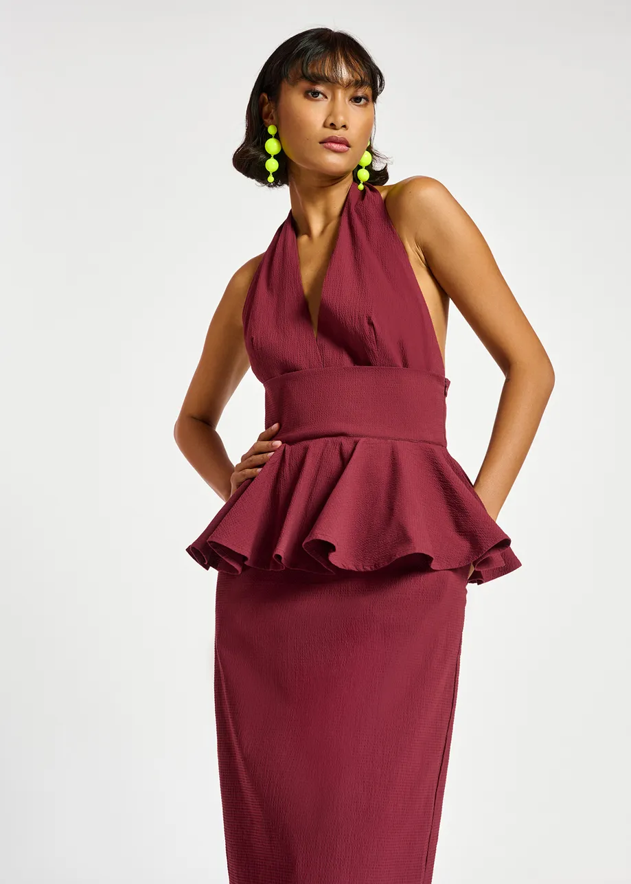 Burgundy halterneck dress with peplum