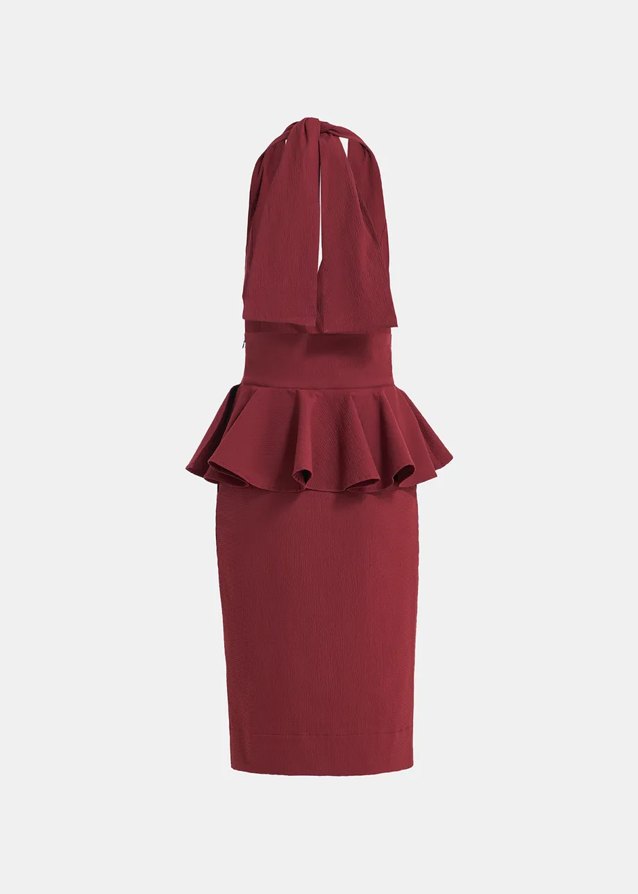 Burgundy halterneck dress with peplum