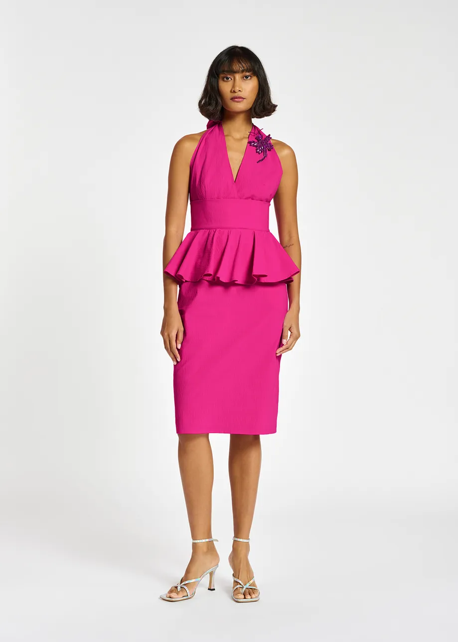 Purple halterneck dress with peplum