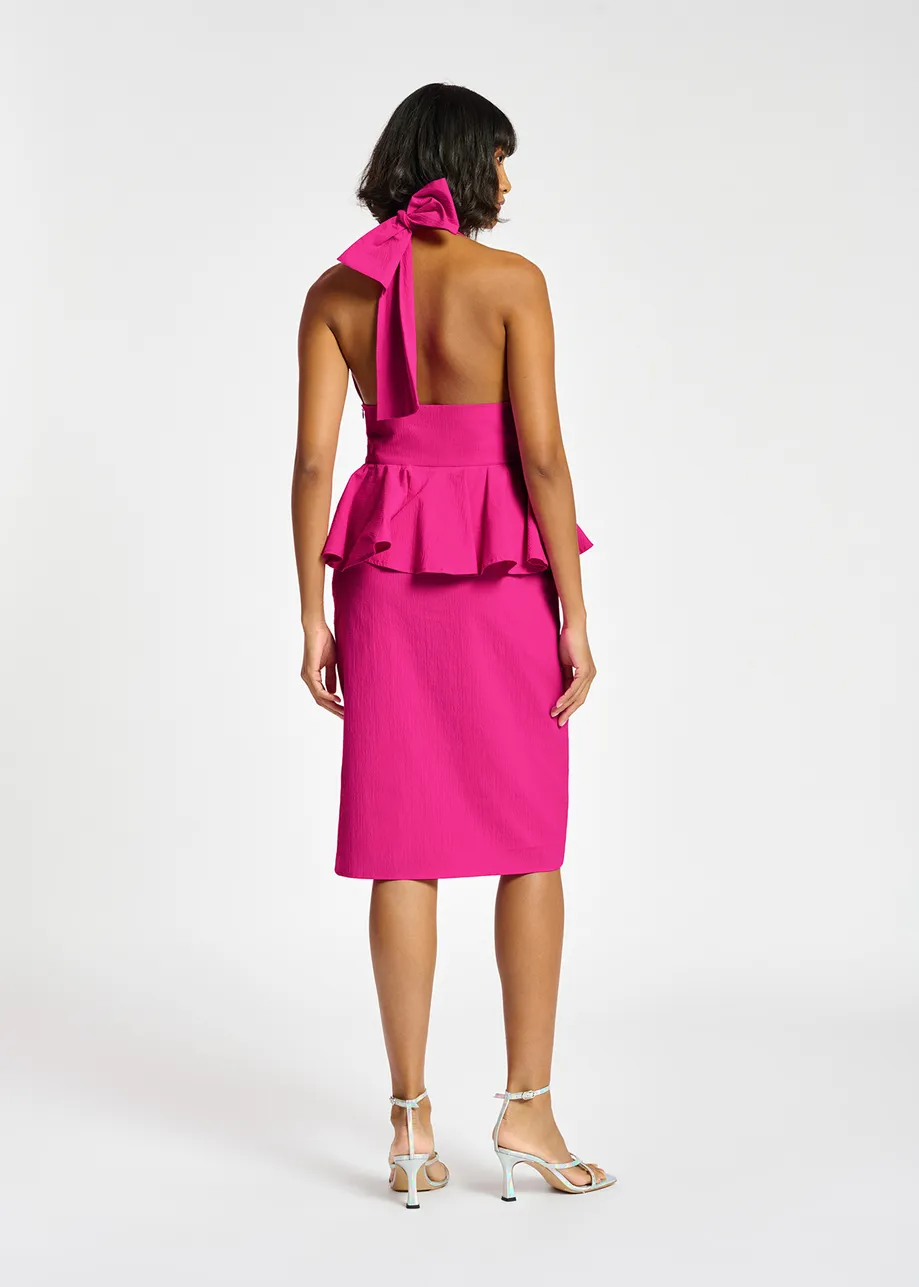 Purple halterneck dress with peplum