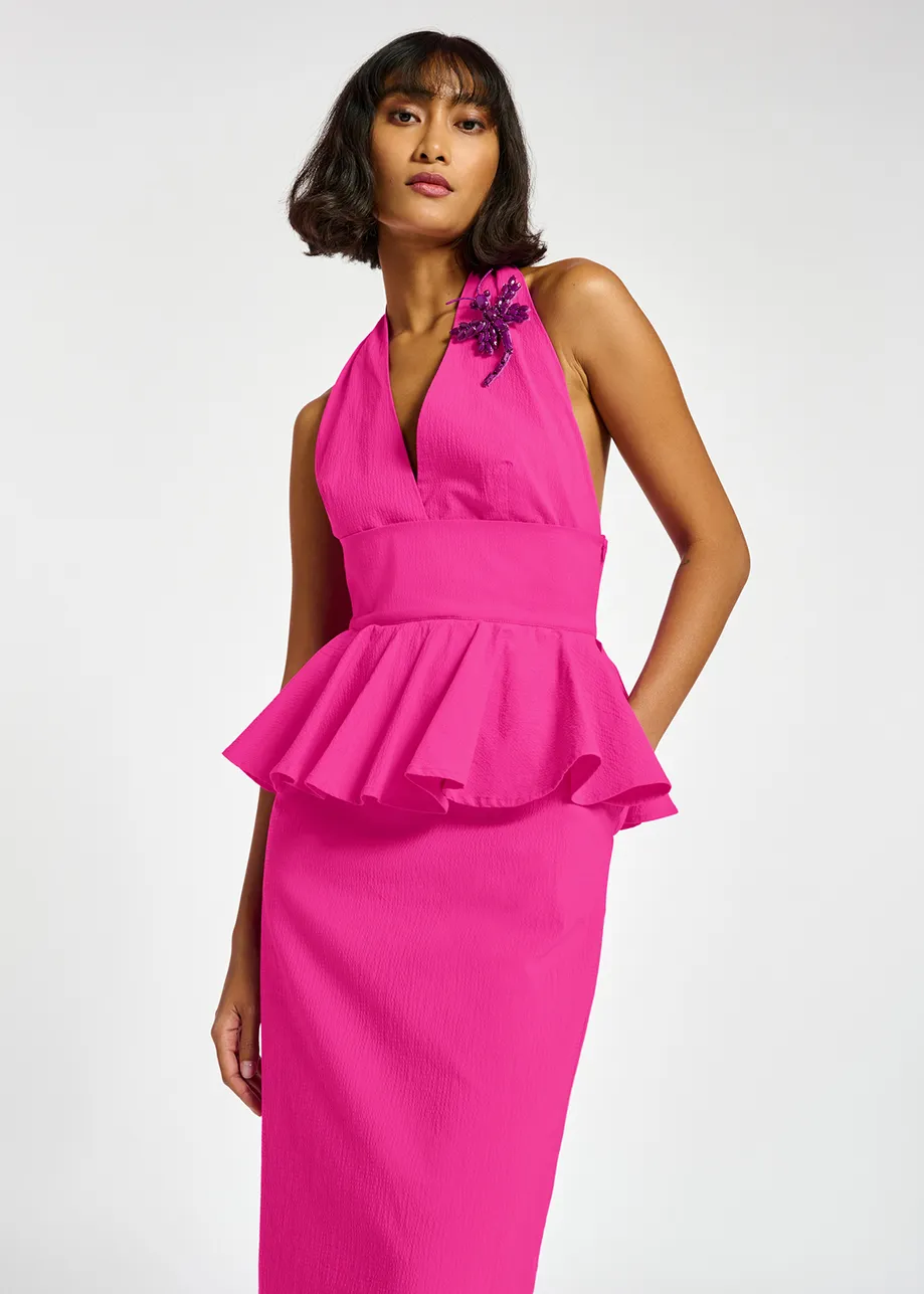 Purple halterneck dress with peplum