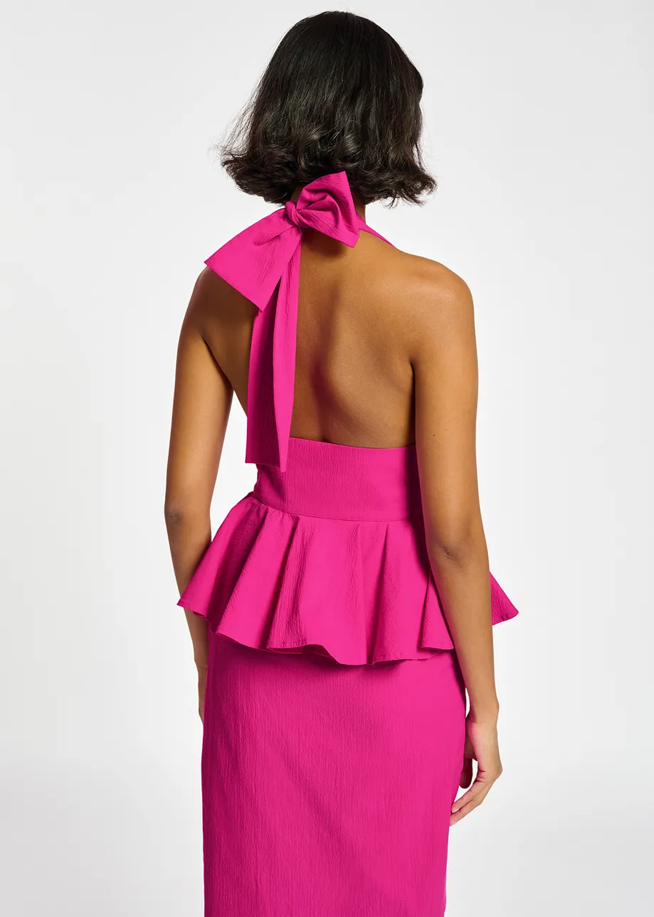 Purple halterneck dress with peplum