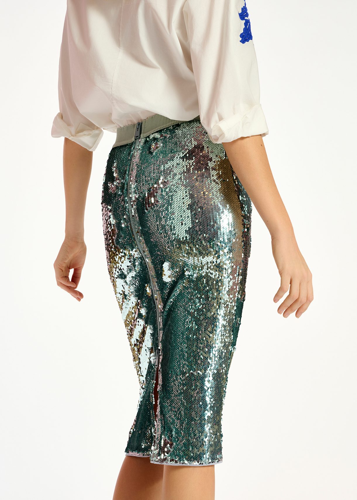 Silver sequin-embellished pencil skirt | Essentiel Antwerp