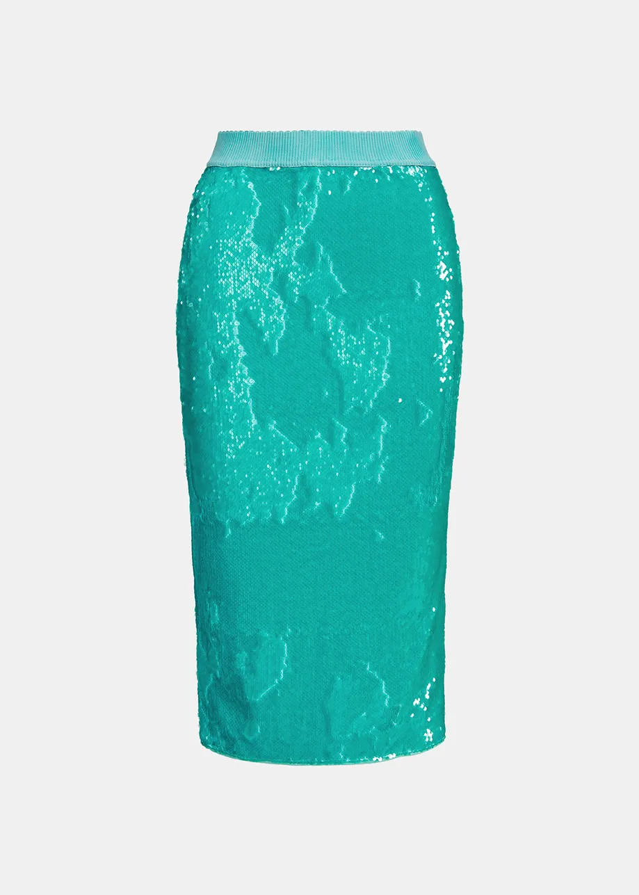 Turquoise sequin-embellished pencil skirt