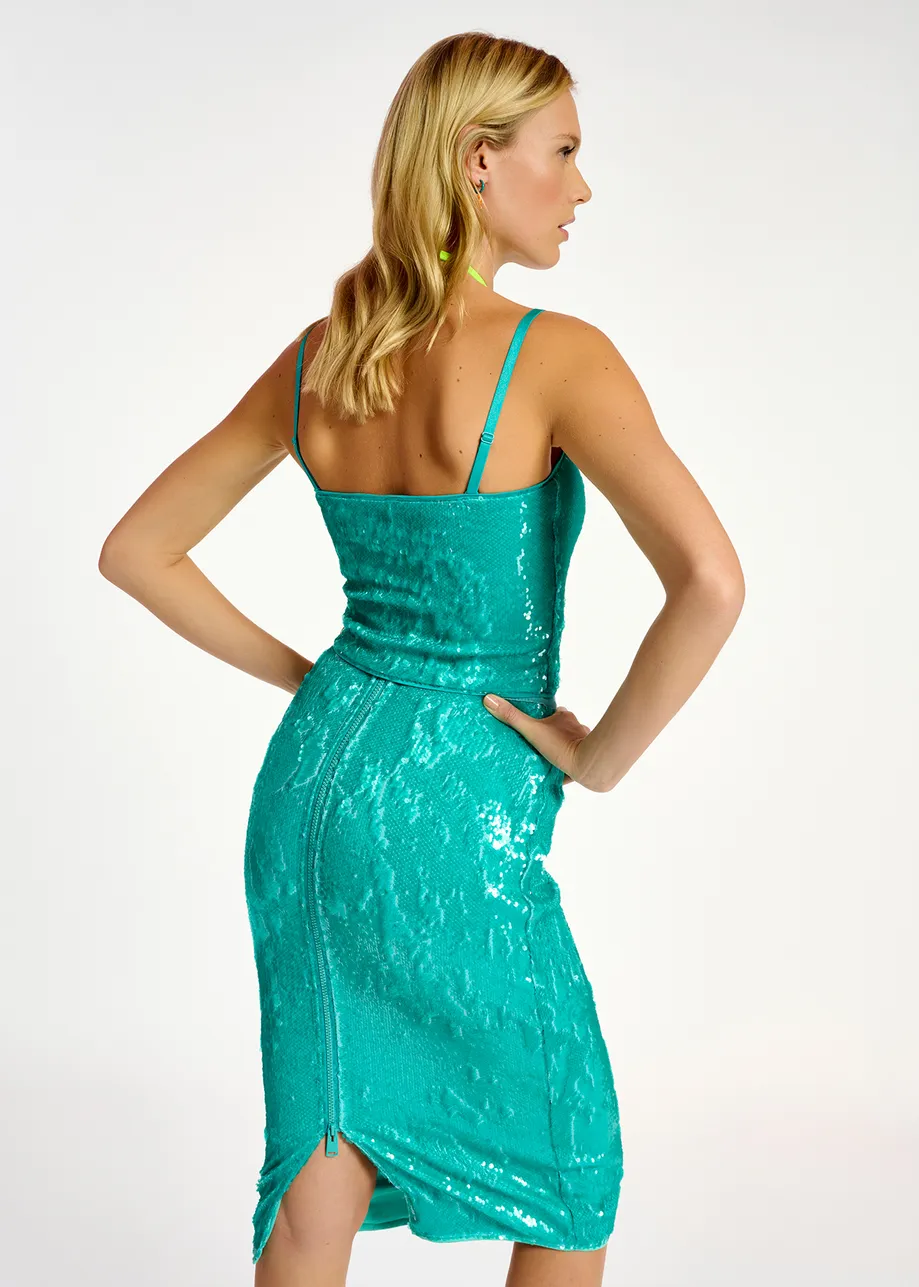 Turquoise sequin-embellished pencil skirt