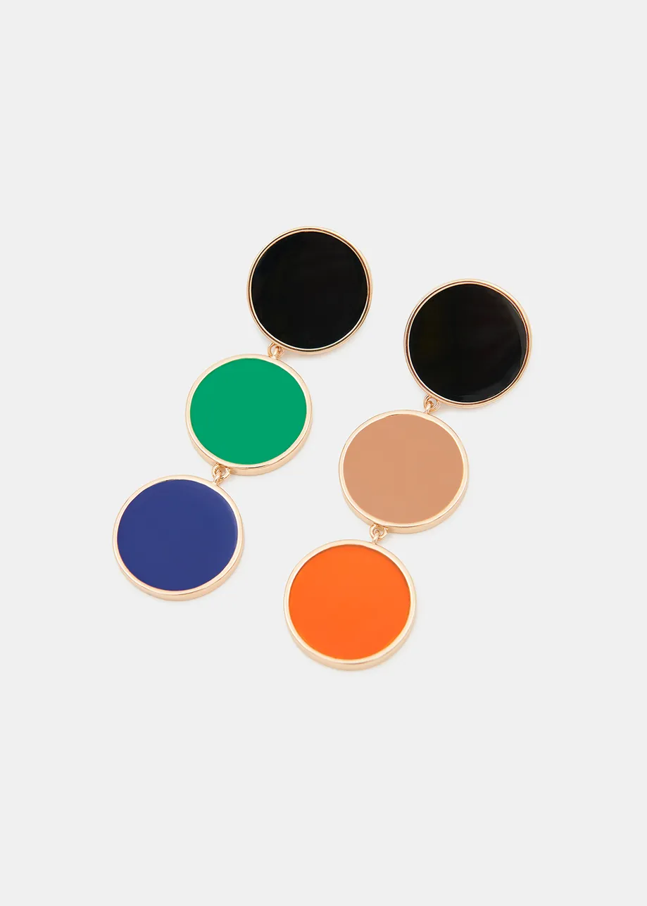 Oorbellen met zwarte, blauw en oranje schijven