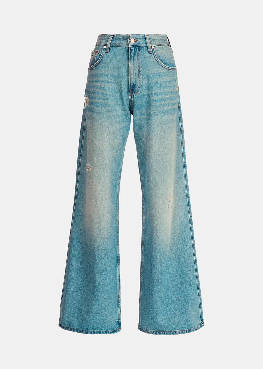 Distressed straight-leg blue jeans