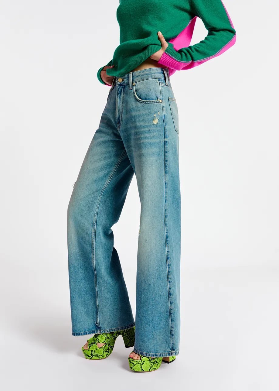 Distressed straight-leg blue jeans