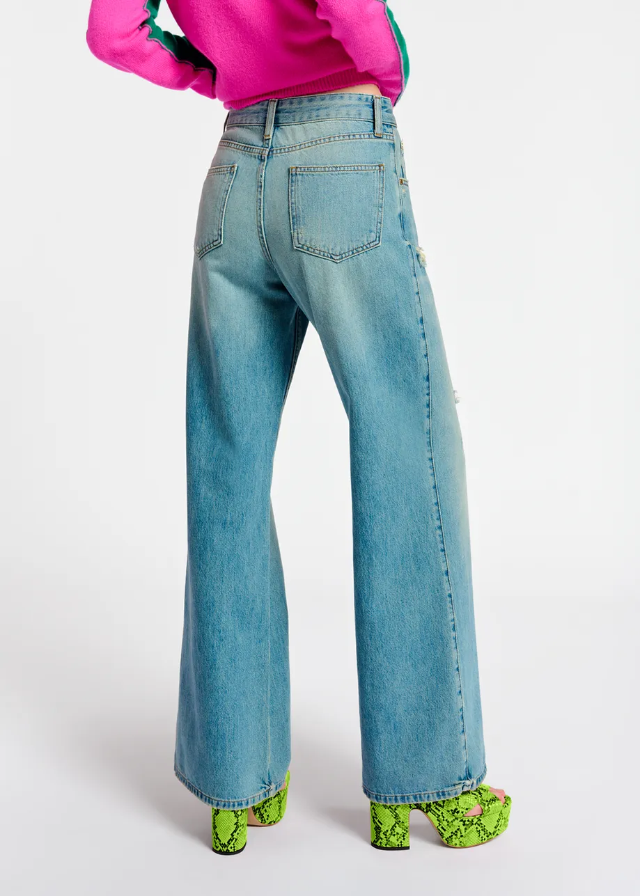 Distressed straight-leg blue jeans